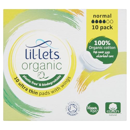 Lil-Lets Organic Cotton Normal Pads, 10 Count, Ultra Thin, with Wings, for Light to Medium Flow, GOTS Certified, Plastic Free, Biodegradable, 100% Organic Cotton Top Cover and Absorbent Core
