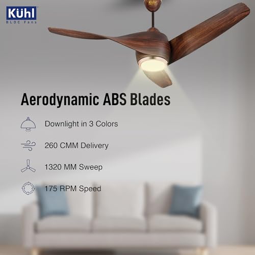 Image of KUHL Twist L3 1320 mm 65% Power Saving BLDC Ceiling Fan | BEE 5 Star Rated & ISI Marked | High Air Flow |5YearWarranty on Motor By Brand |Free Installation | IoT - Operate via Mobile & Alexa | Teak