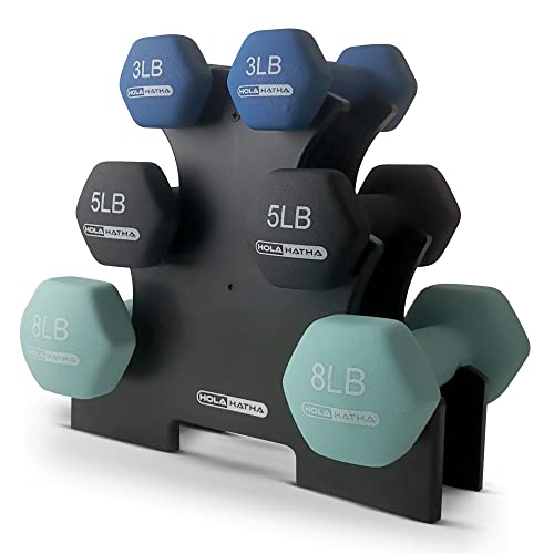 HolaHatha Neoprene Hexagon Dumbbell Set with Storage Rack, Blues, 32 Lbs - image 7