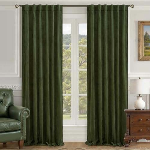 LAMIT Olive Green Velvet Curtains 84 Inch for Living Room, Luxury Thermal Insulated Blackout Curtains Room Darkening Christmas Back Tab and Rod Pocket Window Drapes for Bedroom, 2 Panels, 52 x 84 Inch