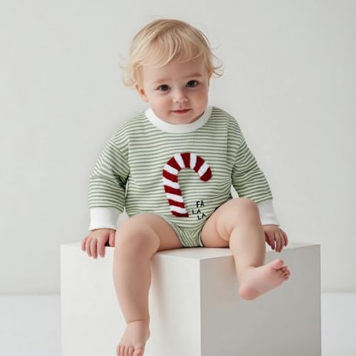 Baby Boy Girl Christmas Outfit Embroidery Striped Sweatshirt Romper Waffle Knit Long Sleeve Fall Bodysuit Jumpsuit3