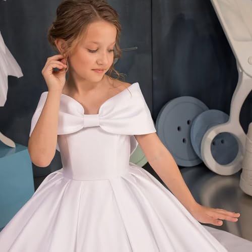 White Off Shoulder Satin Flower Girl Dresses for Weddings First Communion Dress Pageant Gown KT2804