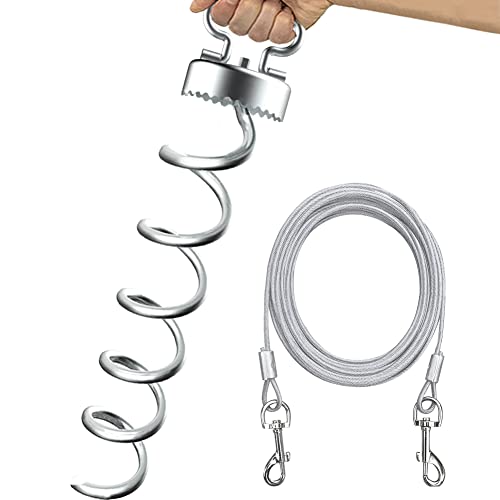 Eurmax USA Dog Tie Out Stake Bonus Dog Tie Out Cable Spiral Heavy Duty Anchor Kit for Dogs Saw Teeth Design Ground Anchor Stake for Trampolines, Canopy Tents,Car Ports (Silver)
