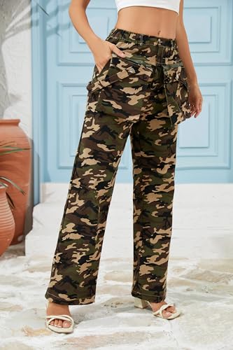Camo Pants Women Cargo Wide Leg Baggy High Waist Stretchy Camouflage Trousers with Detachable Pockets3