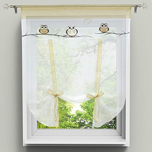 HongYa Raffrollo Bindegardine Eule Bestickte Küche Gardine Transparenter Vorhang Voile mit Tunnelzug H/B 120/60 cm Sand