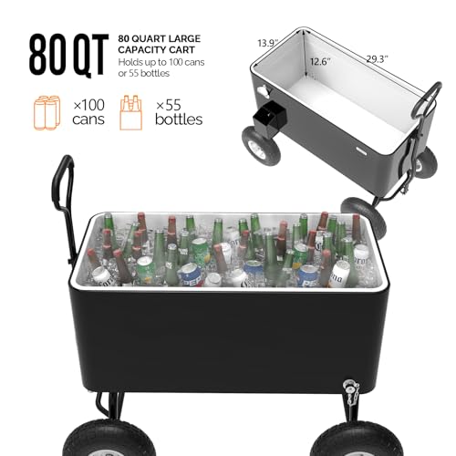 VINGLI 80 Quart Wagon Rolling Cooler Ice Chest, w/Long Handle and 10" Wheels, Portable Beach Patio Party Bar Cold Drink Beverage, Outdoor Park Cart on Wheels