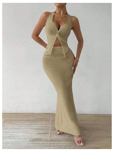 Image of SOLY HUX Women's Two Piece Outfits Twist Front Halter Cami Tops and Skirt Summer Set