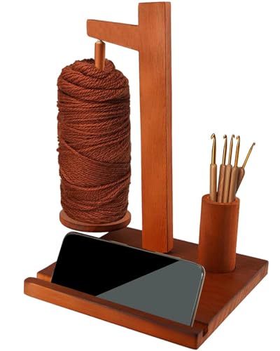 Image of Rumexeng Wooden Yarn Holder with Phone Stand, Wooden Yarn Spool Rack for Crocheting and Knitting, Crochet Hook Storage, Magnetic Yarn Ball Spinner Holder, Ideal Gift for Craft Lovers (Brown)