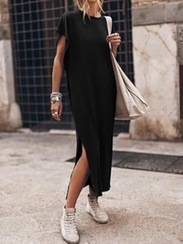 Yousify Women's Summer Black Long Dress Cap Sleeve Casual Loose Splits  Solid Maxi Dress: Buy Online at Best Price in UAE - Amazon.ae