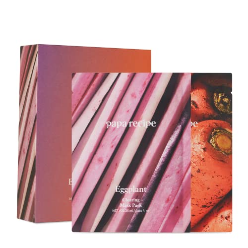 Papa Recipe Eggplant & Carrot Sheet Mask for dehydrated and sensitive skin. For Acne prone, dull, uneven, rough skin. Radiant skin. 10 sheets