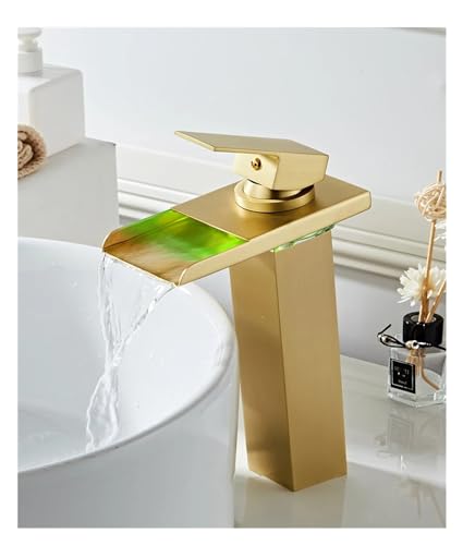 Grifo monomando de lujo tipo cascada con iluminación LED térmica para lavabo sobre encimera