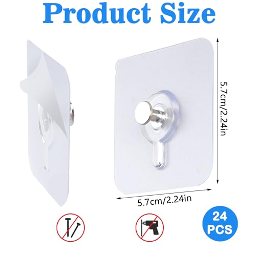 Image of 24 Pcs Adhesive Wall Hooks, Wall Hangers Without Nails No-Trace Transparent Waterproof Heavy Duty Picture Hangers Without Nails for Kitchen Bathroom Home Office
