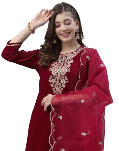 Image of SIRIL Women's Velvet Embroidery Straight Kurta Pant with Dupatta