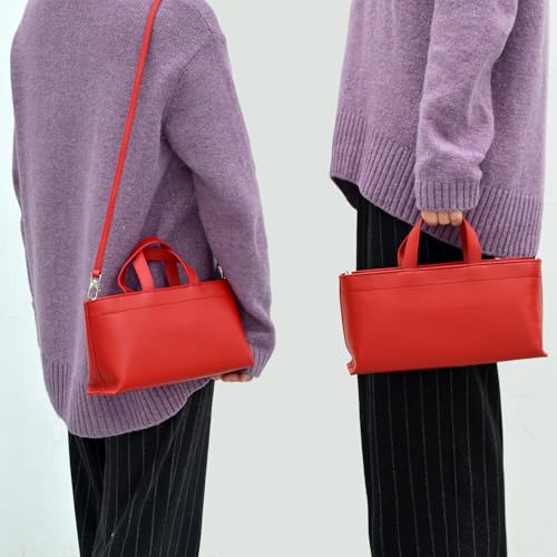 Image of DONNAIN Premium Full Grained Leather Simple Tote Handbag for Women, Shoulder Crossbody Bag with Adustable Shoulder Strap (Red, Small)