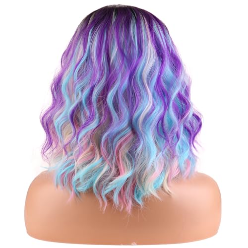 Image of BERON Black Ombre Purple and Blue Short Curly Wave Women Wigs Girls Purpla Mixed Pink and Blue Rainbow Shoulder Length Wavy Synthetic Wig for Cosplay Costume Party or Daily