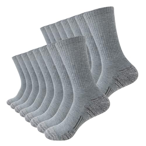 JOYNÉE 8 Pairs Mens Crew Socks Cushioned Moisture Wicking Athletic Socks Work Breathable Socks for Men,Light Grey,Sock Size:10-13