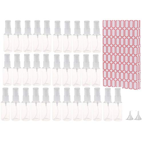 CosCosX 32 Pcs 30ml Clear Spray Bottles Portable Atomizer Sprayer Travel Spray Bottle Refillable Tube Perfume Bottles Empty Sample Bottles Fine Mist Spray Bottle,2 Funnels&3 Sheets Labels,Makeup Tool