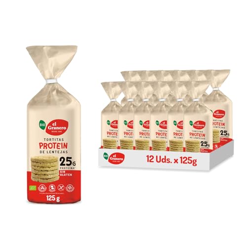 El Granero Integral - Pack de 12 Unidades de 125 g de Tortitas Ecológicas de Lentejas - 25g Proteína - Sin Gluten - Aptas para Veganos - Fuente de Proteínas y Fibra - Bajo en Azúcares