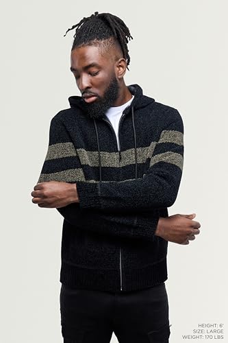 CULTURA AZURE Mens Zip Up Plaid Lined Knit Cardigan Hooded Sweater, Full Zip Classic Fit Sweater with Stripes & Lining3