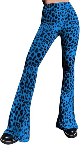 VCM Women's Leopard Print Flared Pants, High Waisted, Tummy Control, Medium Size, Blue Color, Streetwear Leggings