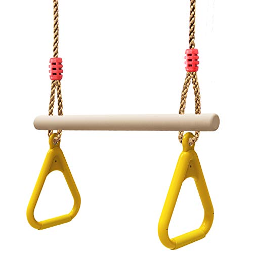MUEUSS Columpio Trapecio de Madera, Trapecio para niños con Anillos,Barra de Columpio para Niños - Anillos de Gimnasio Juguetes de Madera para Niños y Mosquetón de Cierre