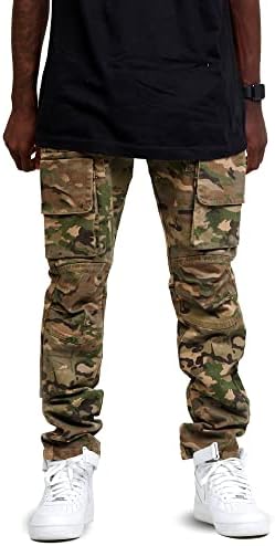 FWRD Denim Men's Cargo Moto Biker Distressed Jeans Washed Slim Fit with Pockets (Camo, 36x32)