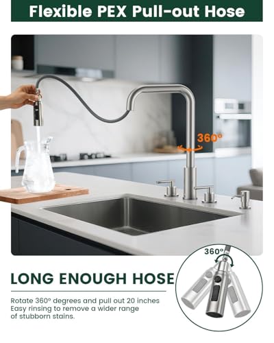 Image of APPASO 4 Hole Widespread Kitchen Faucet with Separate Handle Brushed Nickel | 2 Handle Kitchen Sink Faucet with Pull Down Sprayer and Soap Dispenser, Square Spout Stainless Steel for 3 & 4 Holes Sink
