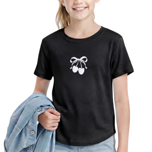 Image of WELAKEN Girls Soft T-Shirt with Curved Hem, Breathable Stretchy Rayon Crewneck Short Sleeve Tees, Kids Everyday Basic Top