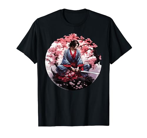 Japanese Samurai Girl Vintage Retro Sakura Cherry Blossom Maglietta
