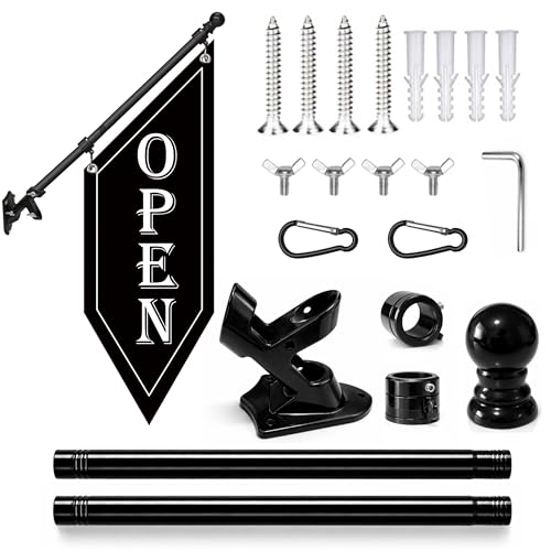 OPEN Flag with Pole Kit Double-Sided Heavy Duty Hanging Banner Sign with Metal Bracket Outdoor Storefront Business Sign for Shops Cafes & Retail (Black)