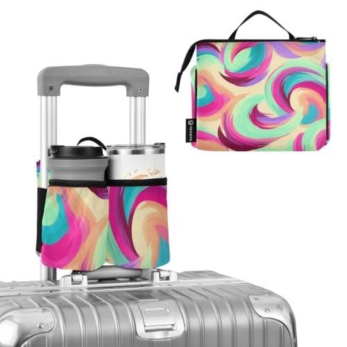 Image of Luggage Cup Holder for Suitcases Free Hands Suitcase Cup Holder Travel Luggage Drink Holder Portable Luggage Cup Caddy Bag Carrier with Handle Abstract Colorful Paint