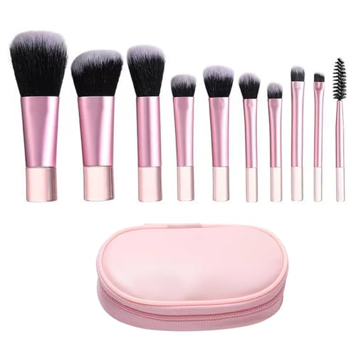 BGENHPON Travel Makeup Brush Set - 10 Piece Portable Travel Mini Cosmetic Brushes Kit Complete Makeup Tools For Foundation Blush Contour Eyeshadow Powder Pink Travel Makeup Brushes