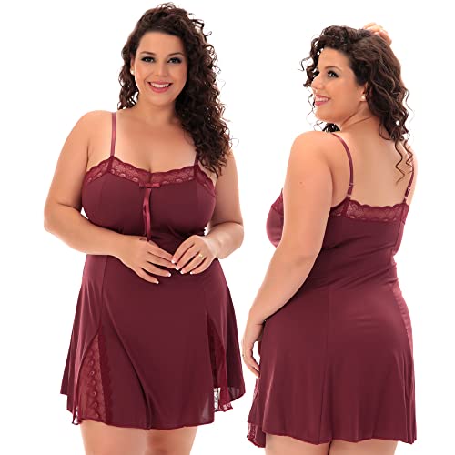 Camisola Plus Size Renda Luxo Sensual Alcinha Sexy Tamanho:M - 48;Cor:Bordô;Gênero:Feminino
