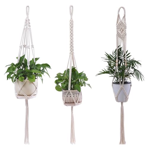 Omnikryp 3 Pièces Macramé Suspension Plante, Suspendre de Fleurs en Corde Coton, Pot Suspendu Plante, Décoration Bohème Chic pour Intérieur, Extérieur, Jardin, Balcon, Patio, Fenêtre