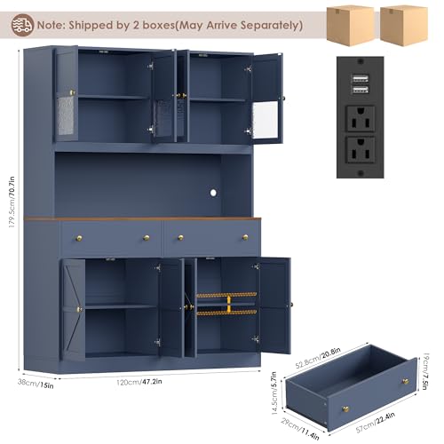 Image of FINETONES 71 inch Pantry Cabinet with LED Light and Charging Station, Farmhouse Kitchen Pantry Cabinet with Microwave Stand, 47.2 inch Wide Kitchen Hutch Food Pantry with Open Countertop, Blue