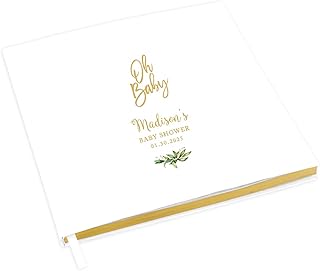 Andaz Press Personalized Baby Shower Guestbook with Gold Accents, Gold with Minimal Greenery Leaves Custom, White Guest Sign In Registry 120 Pages 8.5 X 8.5 Memories Book for DIY Scrapbook Photo Album