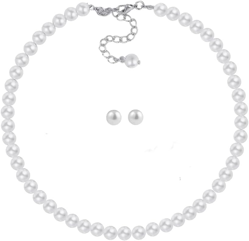 Glass Pearl Necklace and Earring Set,Collar De Perlas Para Mujer,Faux Pearl Jewelry Set for Women with Charm Chain