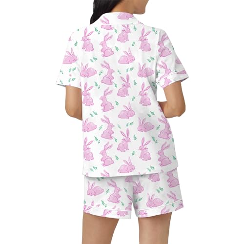 Image of Women Easter Pajamas Set Cute Bunny Button Down Shirt and Shorts 2 Piece Pj Set Y2K Easter Outfits
