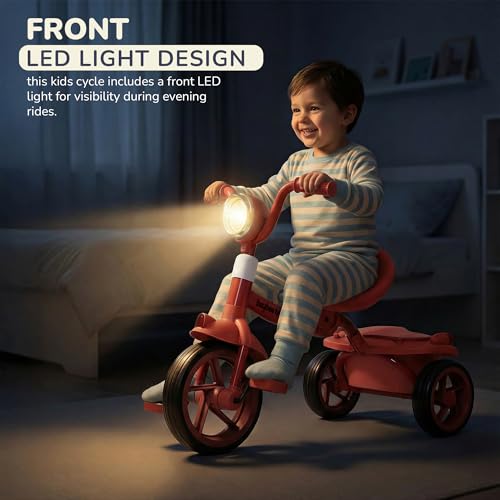 Image of Flyer Foldable Baby Tricycle for Kids | Kid Cycle with LED Light, Music & Storage Baskets | Baby Tricycle with Adjustable Seat & Handle | Cycle for Kids 2 to 5 Years (Red)