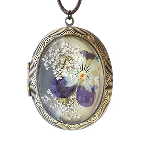 Jewelryland Handmade Oval Shaped Pressed Flower Vintage Bronze Photo Locket Resin Long Necklace (Pansy), Blue, Pink, Yellow, Purple #TOP16