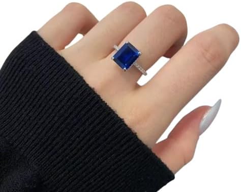 9x7 mm Natural Blue Sapphire Gemstone Rings for Women Octagon Cut Baguette Diamonds Anniversary Promise Birthday Halo Ring Gift for Her