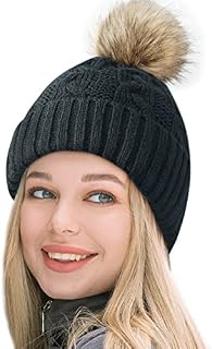Amazon Brand HIKARO Winter Hats for Women Gifts for Women Pom Pom Hats Valentine's Day Gifts, Bobble Beanie Hat Ladies Knitted Fleece Lined Thermal Hats for Outdoor Ski Black One Size