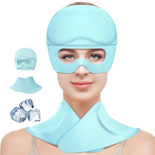 Image of 3 in 1 Migraine Cap with Eye Holes,Neck ice Pack wrap Cold Cap for migraines Hot and Cold Therapy Headache Relief Cap for Headaches, Stiff Neck,Eye Fatigue, Tension and Pain (Light Blue)
