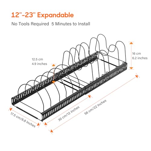 iHeartYard Pot and Pan Organizer for Cabinet, Length Adjustable Pan Rack with 12 Adjustable Compartment, Kitchen Cabinet Organizer for Cutting Board, Cast-iron Pan, Heavy Cookware - Thumbnail 2