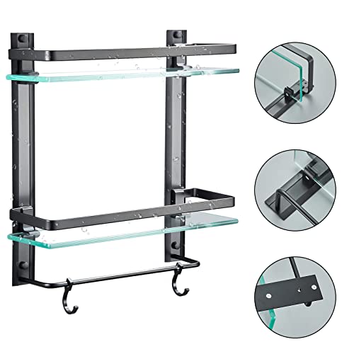 Aijaly Bathroom Glass Shelf,Aluminum Tempered Glass 0.34In Extra Thick Rectangular 2 Tier Storage Organizer Wall Mount,Black 15.7In #TOP4