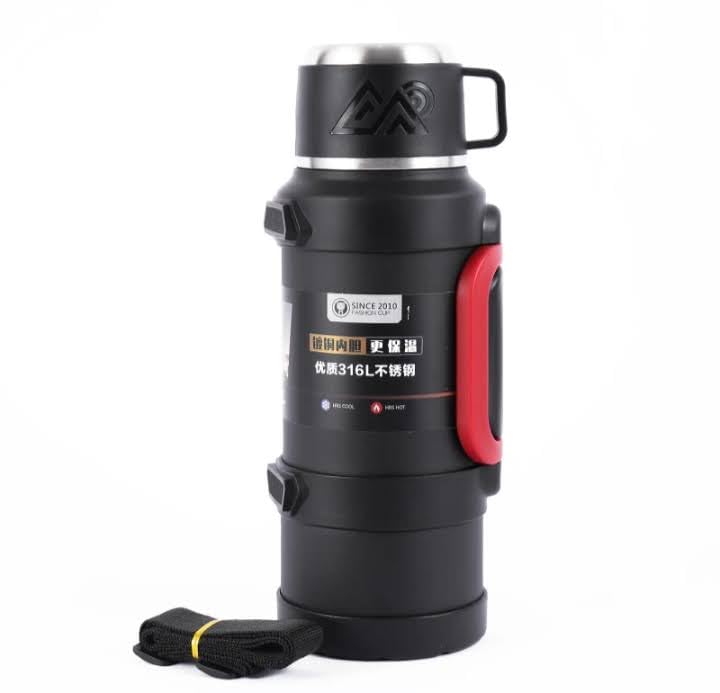 Direct Solid Premium Vacuum Flask, 316L Stainless Steel, 2000ml Large Capacity Thermo with Handle, Double Wall Insulated for Hot and Cold Drinks, Camping and Outdoor Activities (Black)