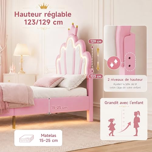 Lit Enfant 90x200 Couronne LED Rembourré BSCFHCZ