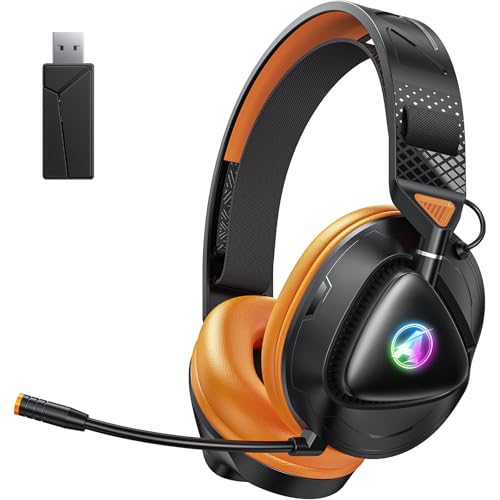 Awinnasey PH3 Wireless Gaming Headset für PS5, PS4, Switch, PC, Mac, Bluetooth Kopfhörer mit Abnehmbarem Mikrofon, Leichtes Bluetooth Headset mit RGB Licht, 50 Stunden Akku, Schwarz Orange