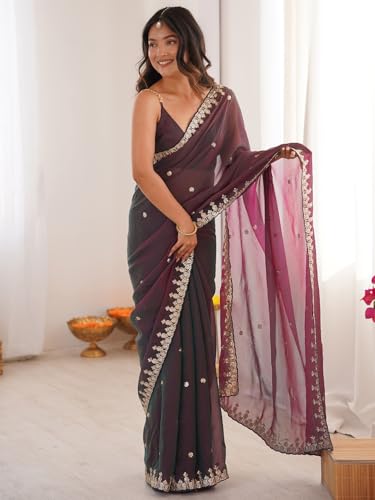 Image of AKHILAM Women's Shimmer Chiffon Sequence Embroidery Saree With Unstitched Blouse Piece(AARYAN21601 KR Parent)