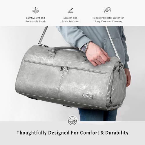 STOVER Garment Travel Duffle Bag, Large 2-in-1 Convertible Carry-on Luggage for Men & Women- Hanging Suits, Dresses & Clothes + Shoe Compartment- Weekender Tote Combo Duffel (Grey Leatherette) by STOVER - Used condition - Image 7